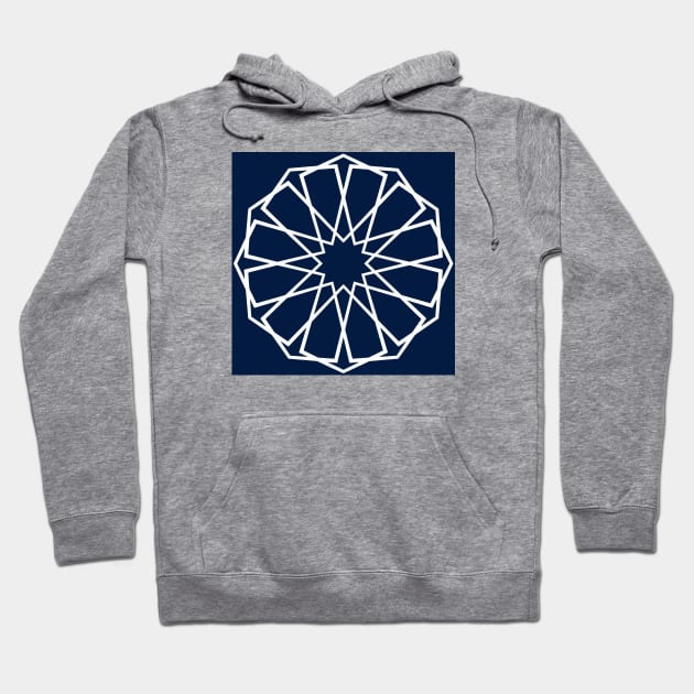 White Islamic Geometric Pattern Stars on Blue Background Hoodie by Tilila